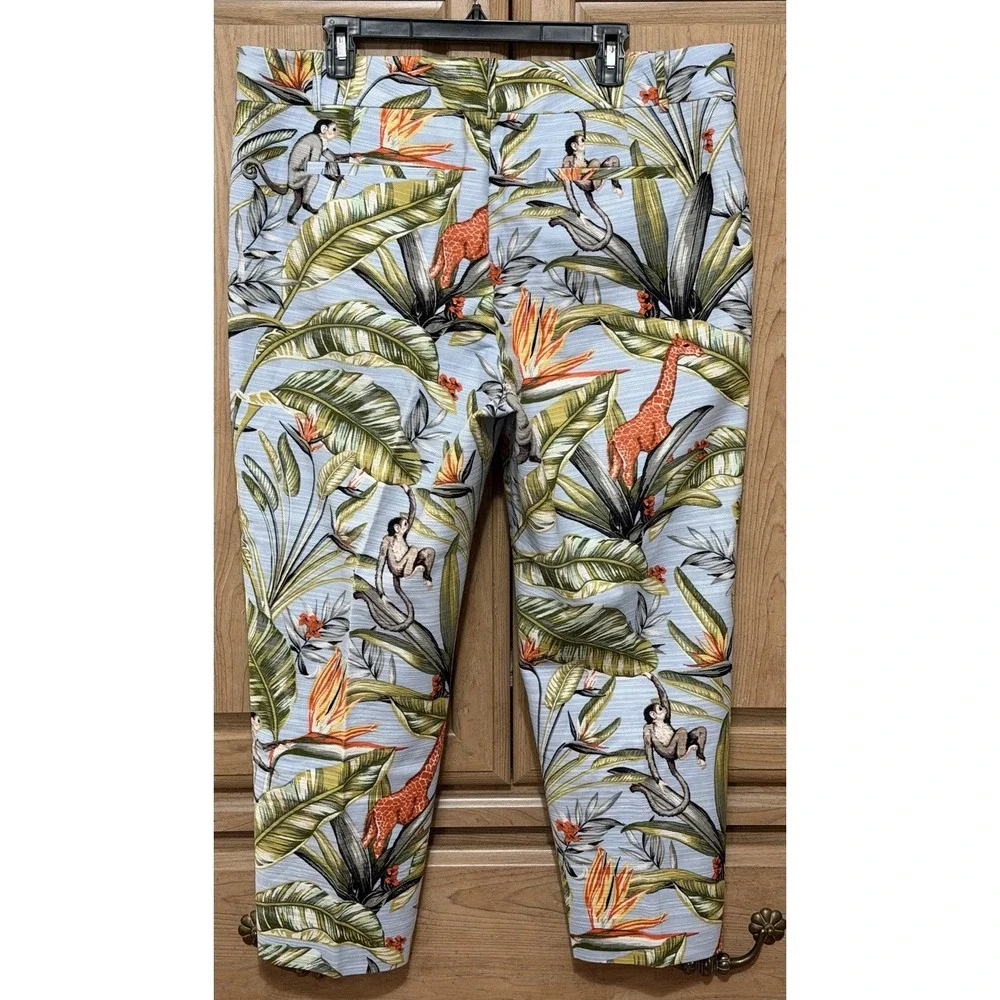 Ann Taylor Kate Fit Tropical Jungle Monkeys Print Crop Pants Women's 16 Lt Blue